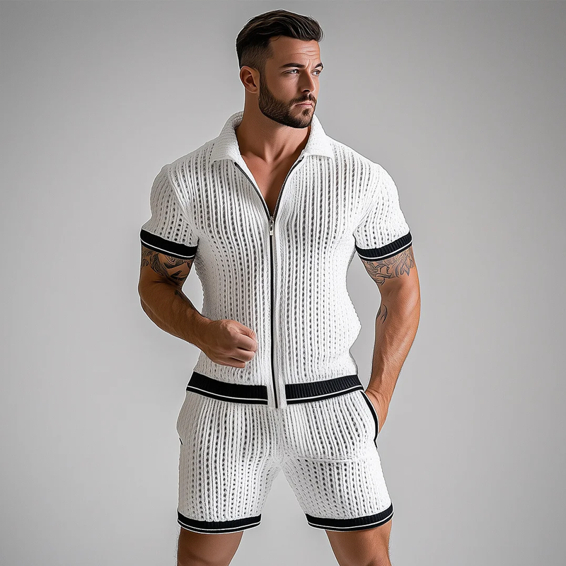 Men's Colorblock Knit Lapel Zipper Short Sleeve Shirt Shorts Set MTA0970F0Z