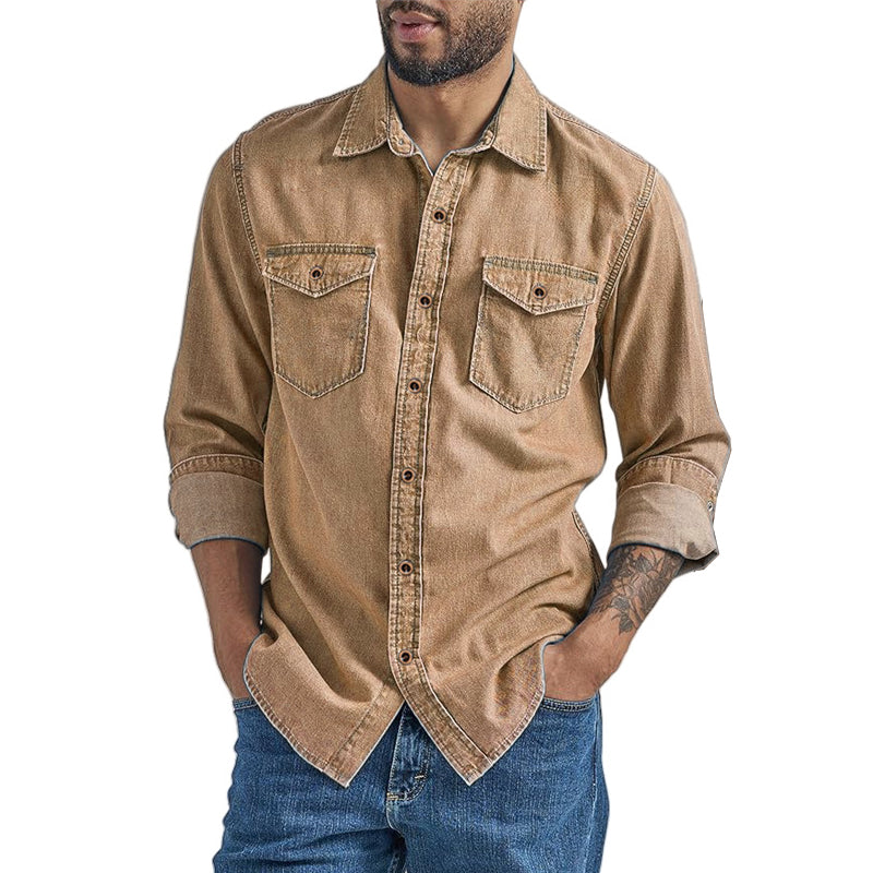 Men's Solid Color Long Sleeve Loose Vintage Denim Shirt MTA0665E3X