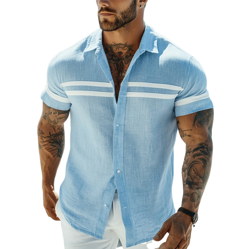 Men's Stripe Print Blended Short Sleeve Shirt MTA2380F1X
