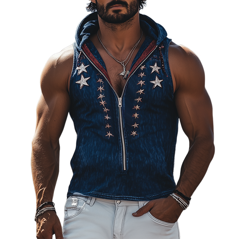 Men's Spring And Summer Fashion Casual Retro Western Cowboy Style Denim Embroidery Deep V Neck Zipper Slim Fit Hooded Tank Top MTA0929E0K
