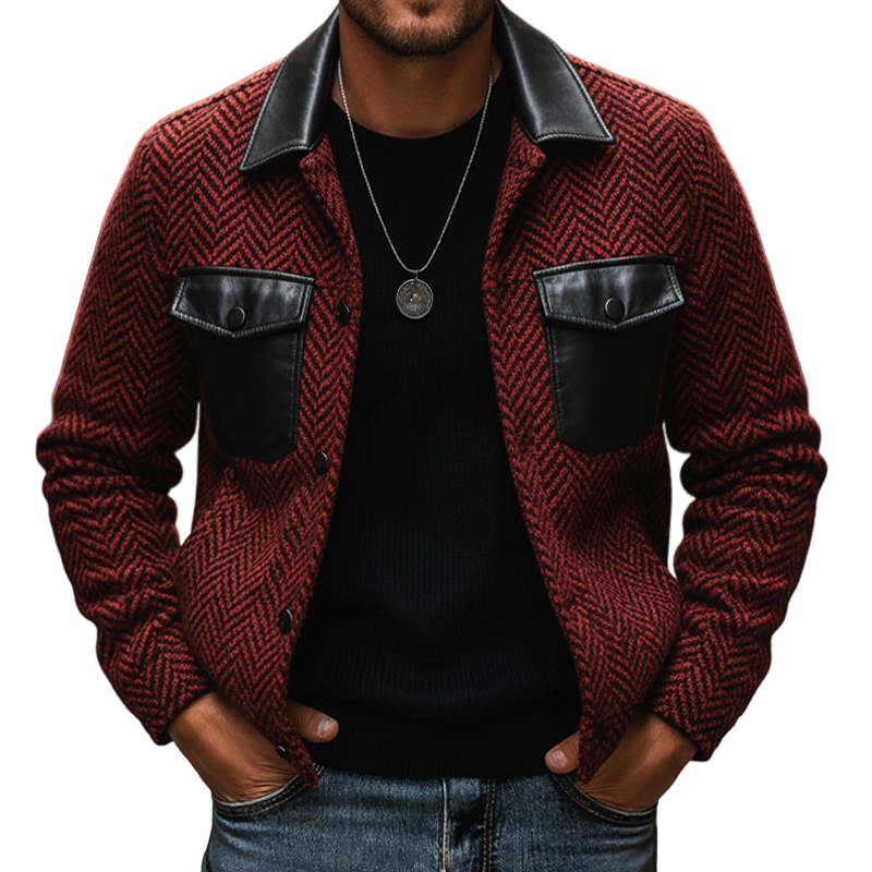 Men's Classic Urban Herringbone Faux Wool Patchwork PU Leather Jacket MTA1813K0U