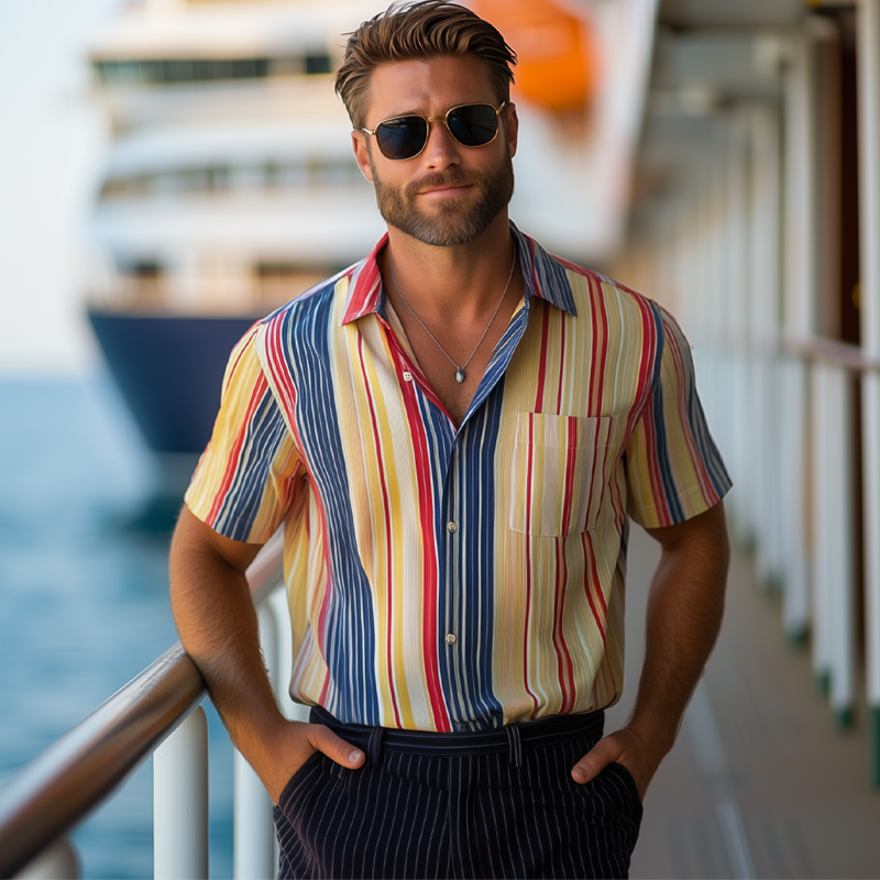 Men's Summer Classic Colorblock Striped Short Sleeve Shirt MTA2084F2U