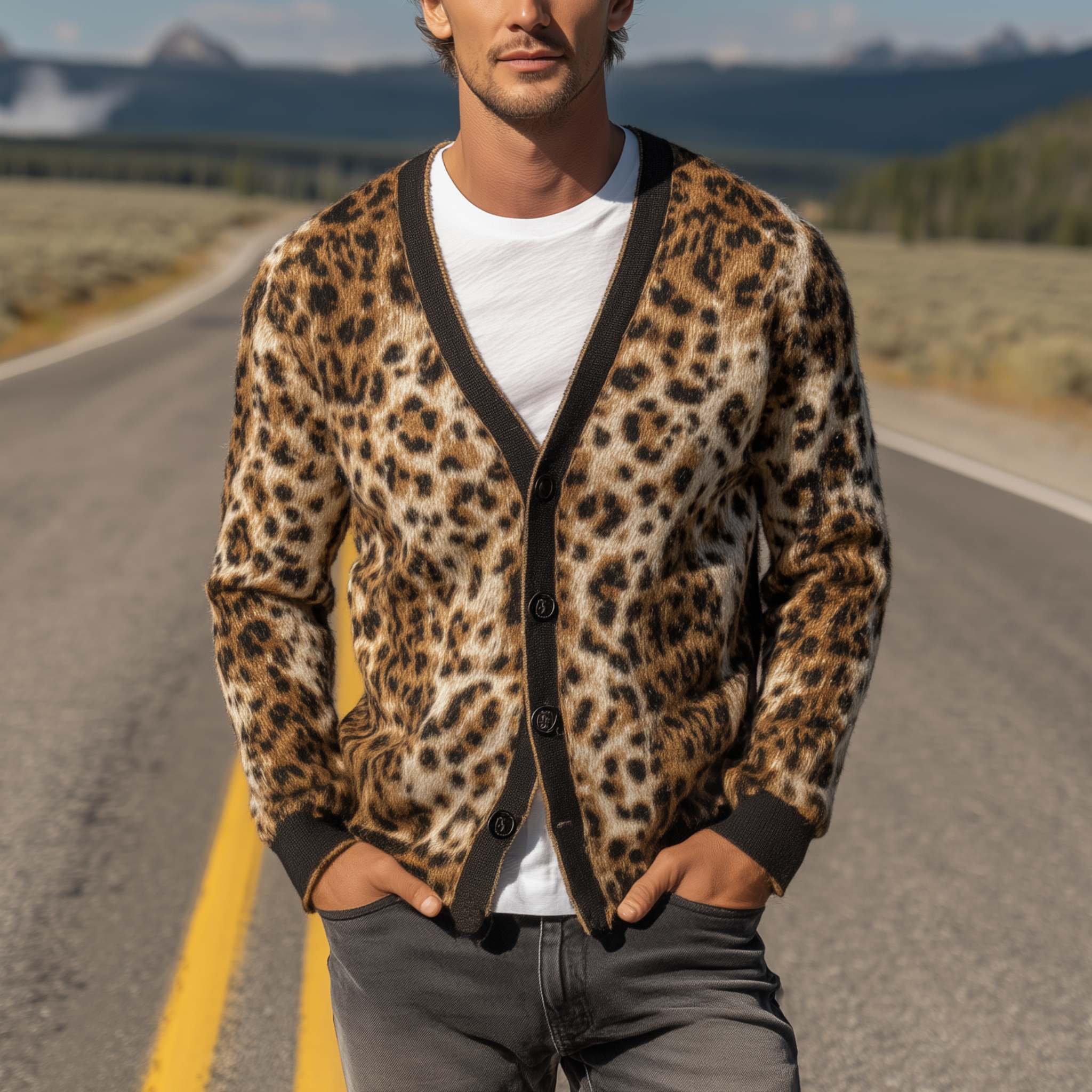 Men's Classic Vintage Leopard Mohair Knitted Slim Fit Cardigan MTA0807H7K