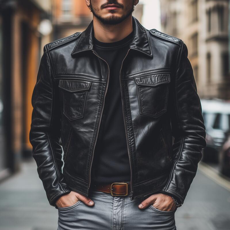 Men's Vintage Fashion Solid Color PU Lapel Zipper Placket Slim Fit Motorcycle Jacket MTA2769H6M