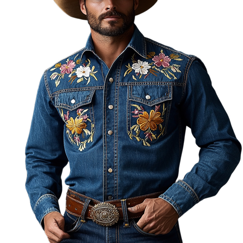 Men's Western Cowboy Style Embroidered Lapel Chest Pocket Long Sleeve Denim Shirt 23822872Z