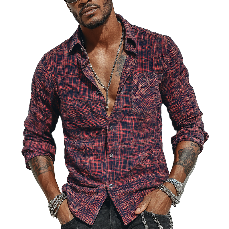 Men's Summer Check Print Cotton Blend Long Sleeve Shirt MTA1572G3P