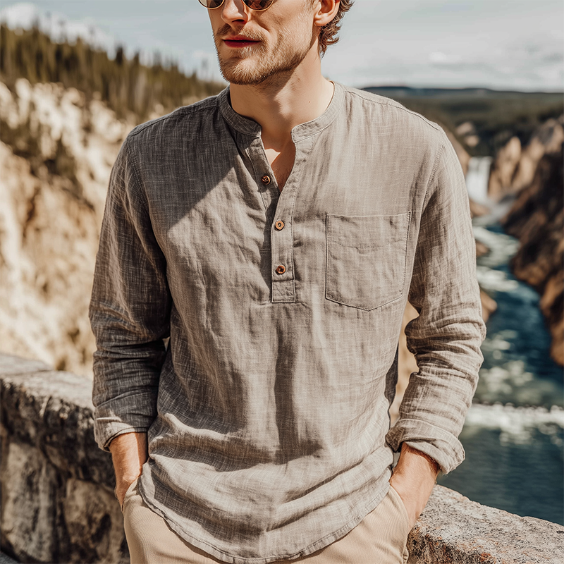 Men's Spring And Summer Classic Casual Henley Collar Cotton And Linen Loose Long Sleeve T-Shirt MTA1127G0K