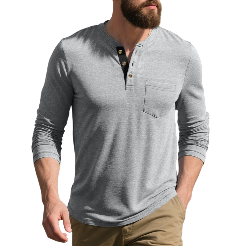 Men's Cotton Blend Colorblock Henley Collar Long Sleeve T-Shirt MTA2837G8X