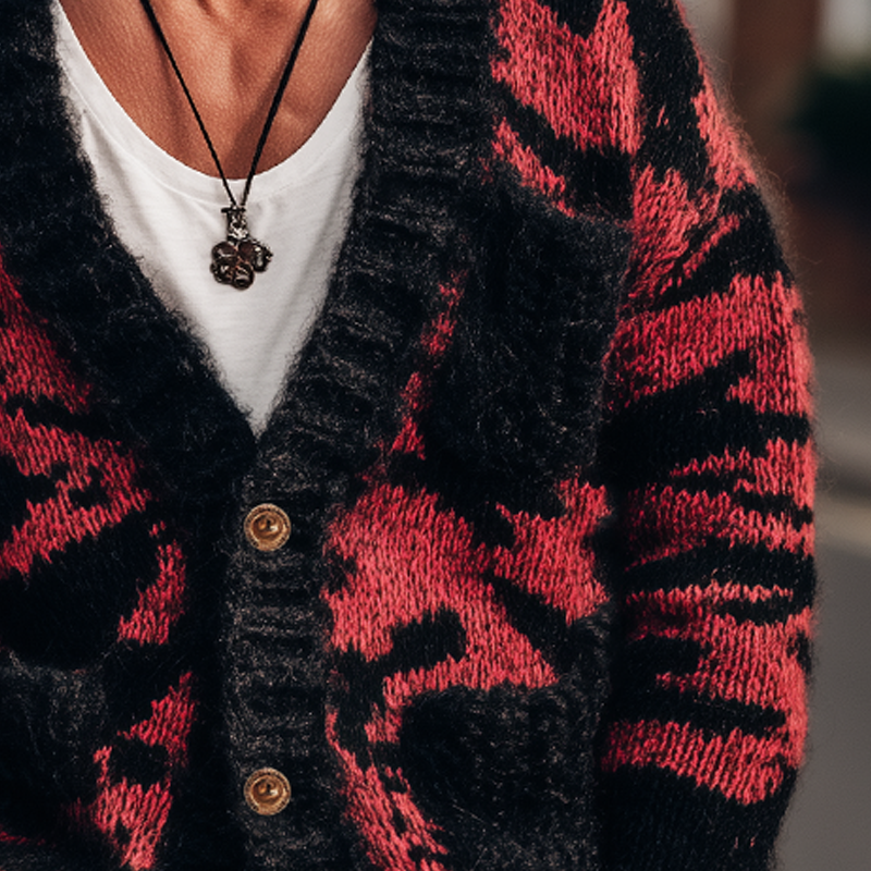 Men's Classic Black And Red Camouflage Two-Button Knit Cardigan MTA2048H0U