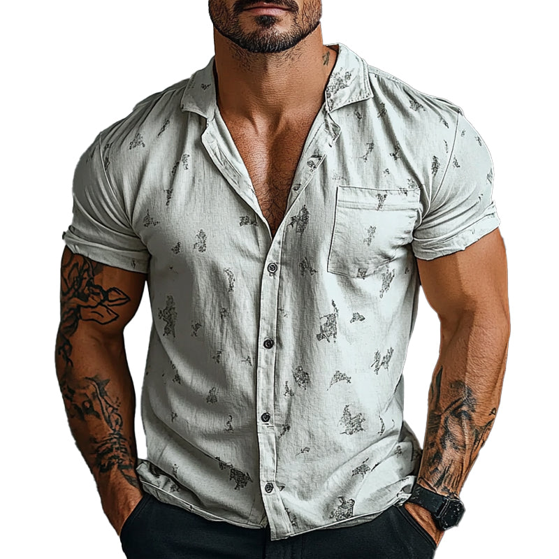 Men's Printed Lapel Pocket Short Sleeve Shirt 84163768X