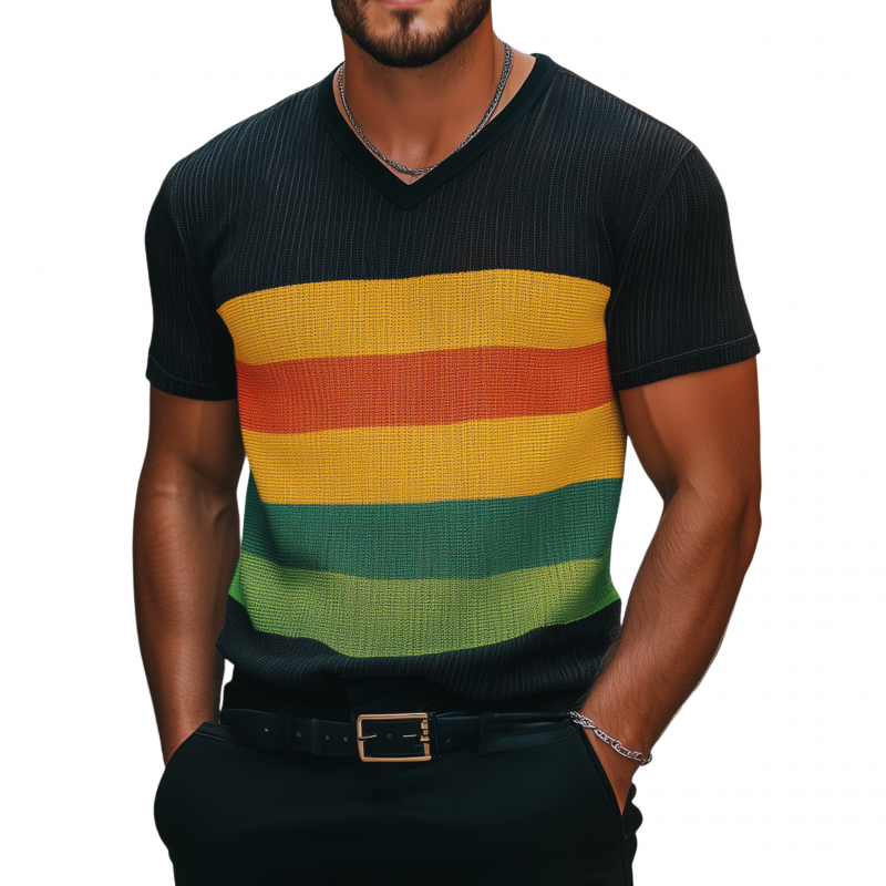 Men's Casual Colorful Striped Breathable V-neck Loose Knitted Short-sleeved T-shirt Sweater MTA2184G8M