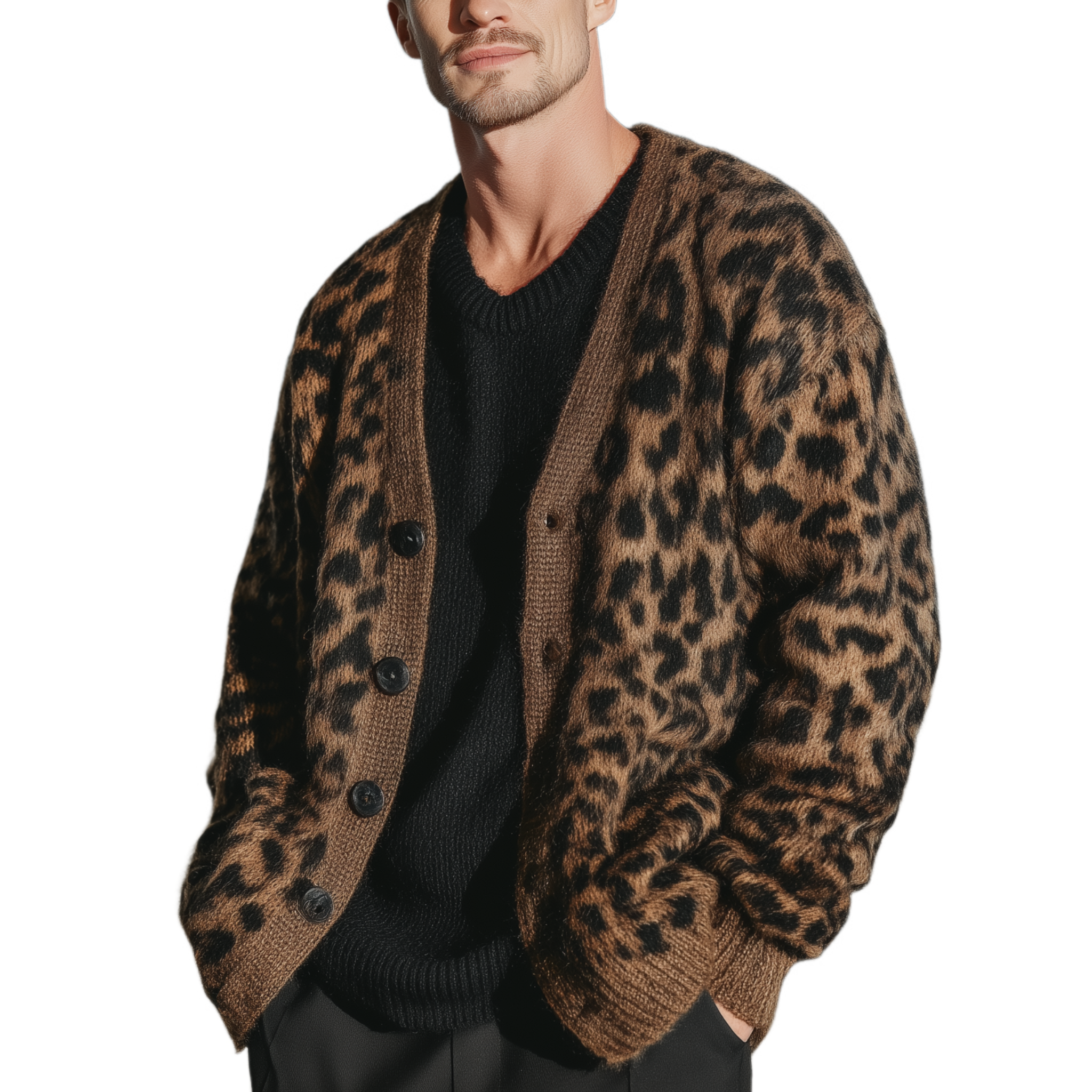 Men's Classic Casual Leopard Print Loose Knit Cardigan MTA1600J4K