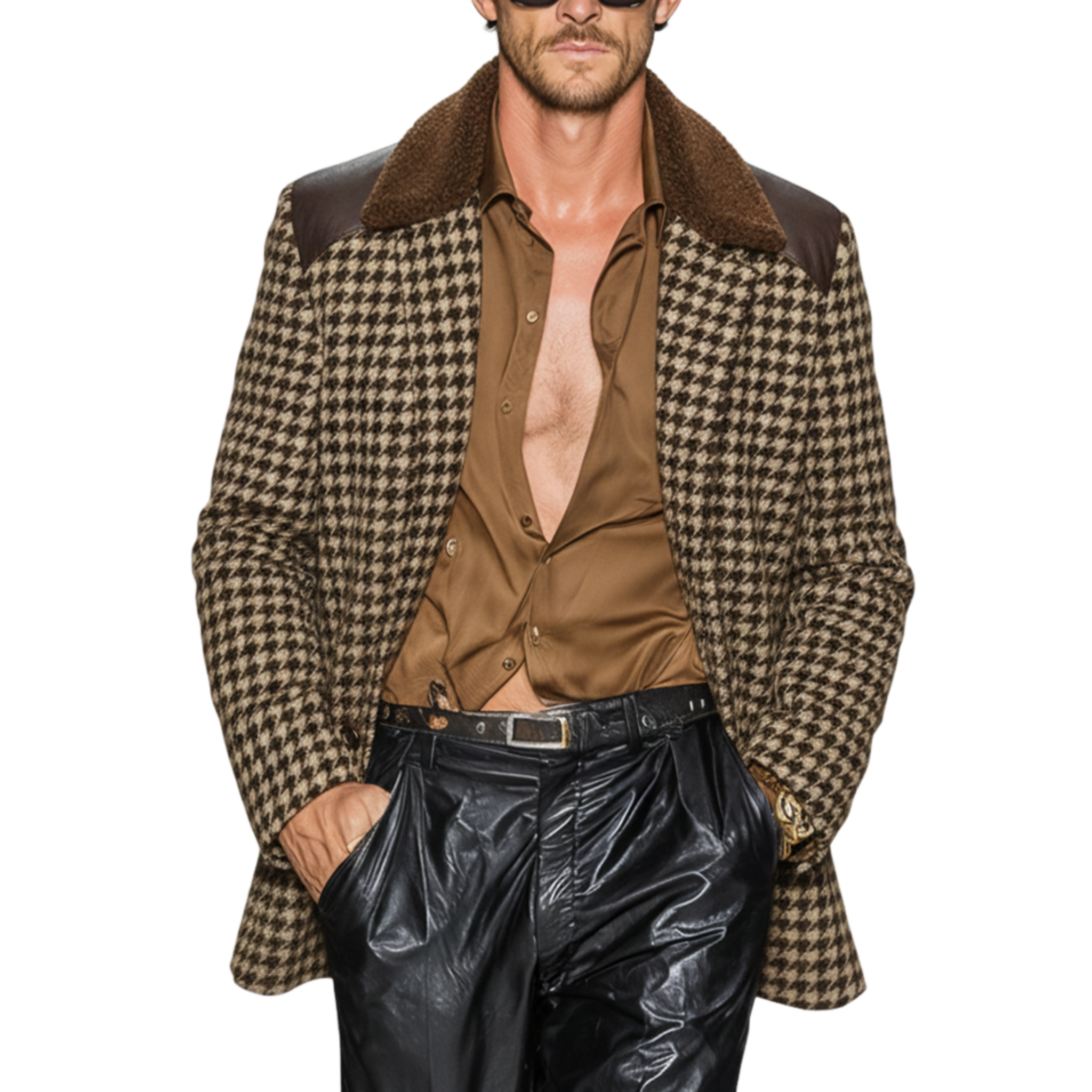 Men's Classic Casual Fleece Lapel PU Leather Single-breasted Faux Houndstooth Wool Coat MTA0496K5K