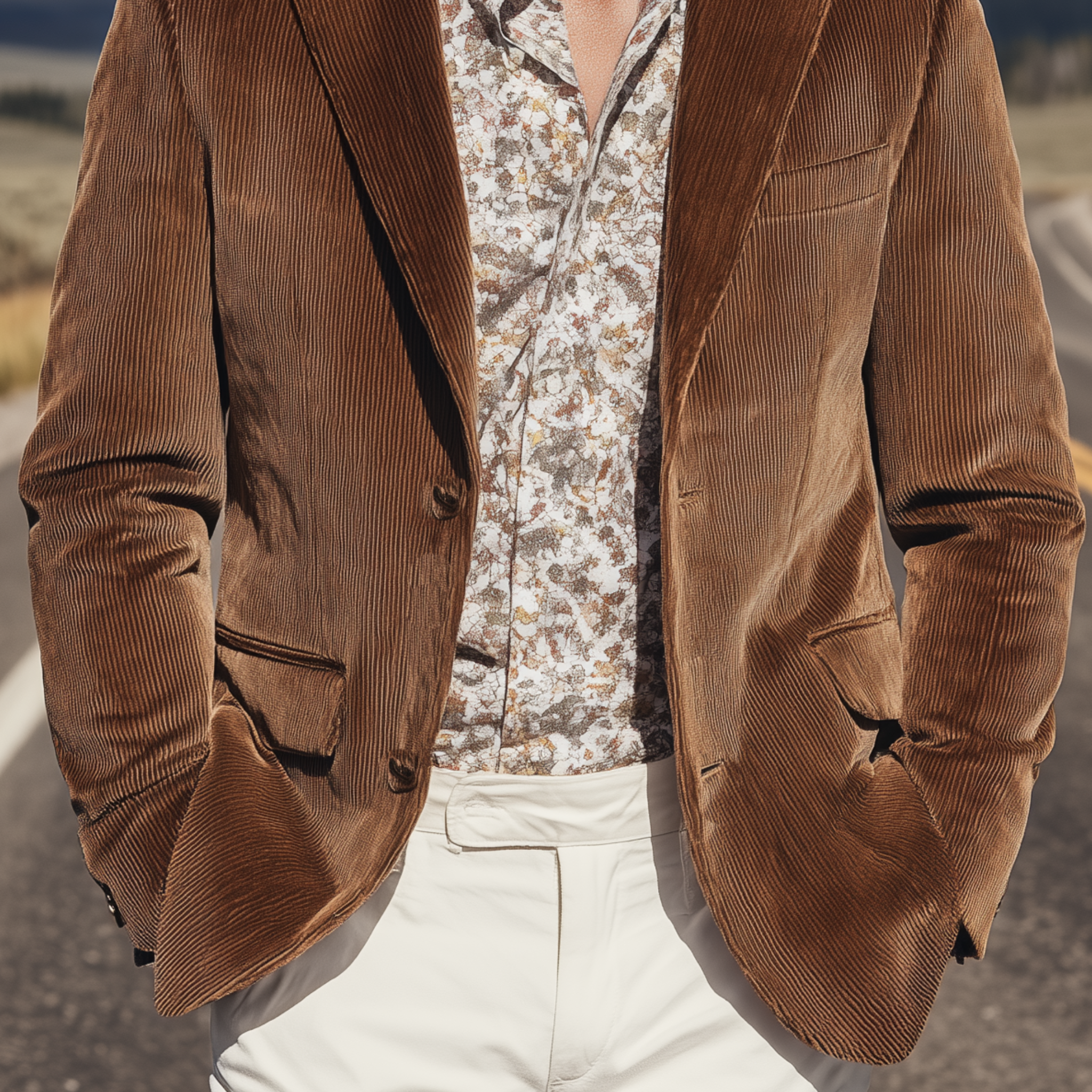 Men's Classic Retro Western Style Collar Stitching PU Leather Single-breasted Corduroy Blazer MTA1231H0K