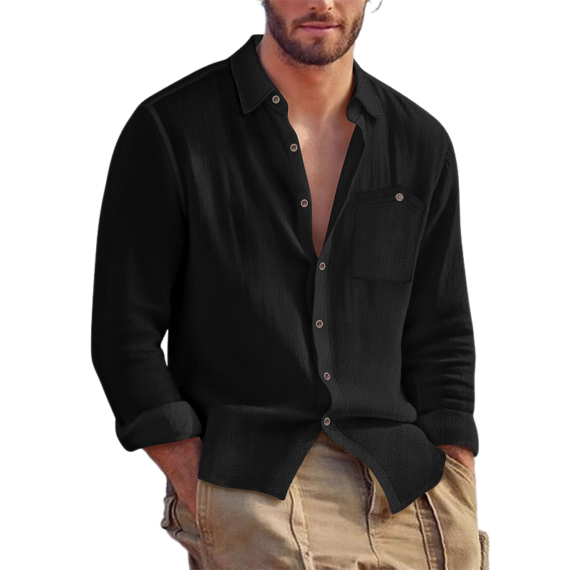 Men's Casual Solid Color Cotton And Linen Long-sleeved Lapel Shirt MTA1391H5X