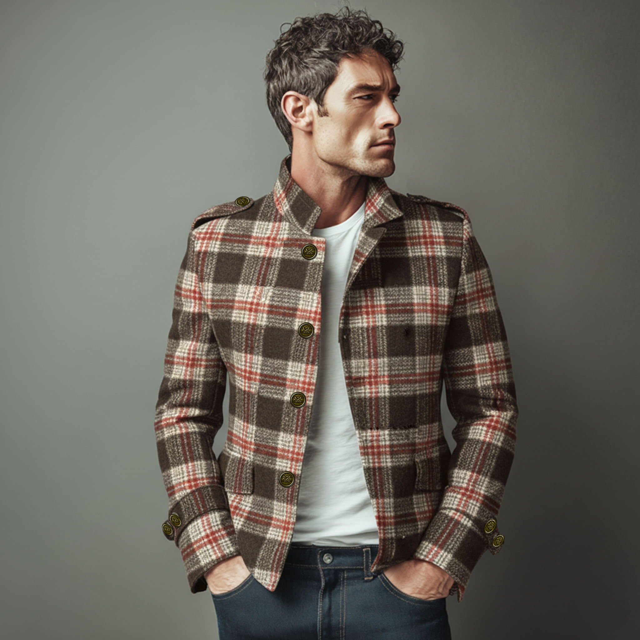 Men's Classic Retro Stand Collar Plaid Faux Woolen Slim Jacket MTA2982I9K