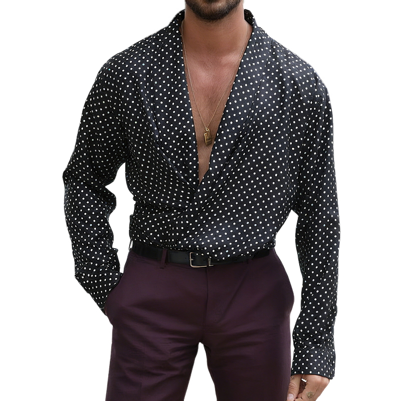 Men's Polka Dot Satin Lapel Long Sleeve Shirt MTA2135G5Z