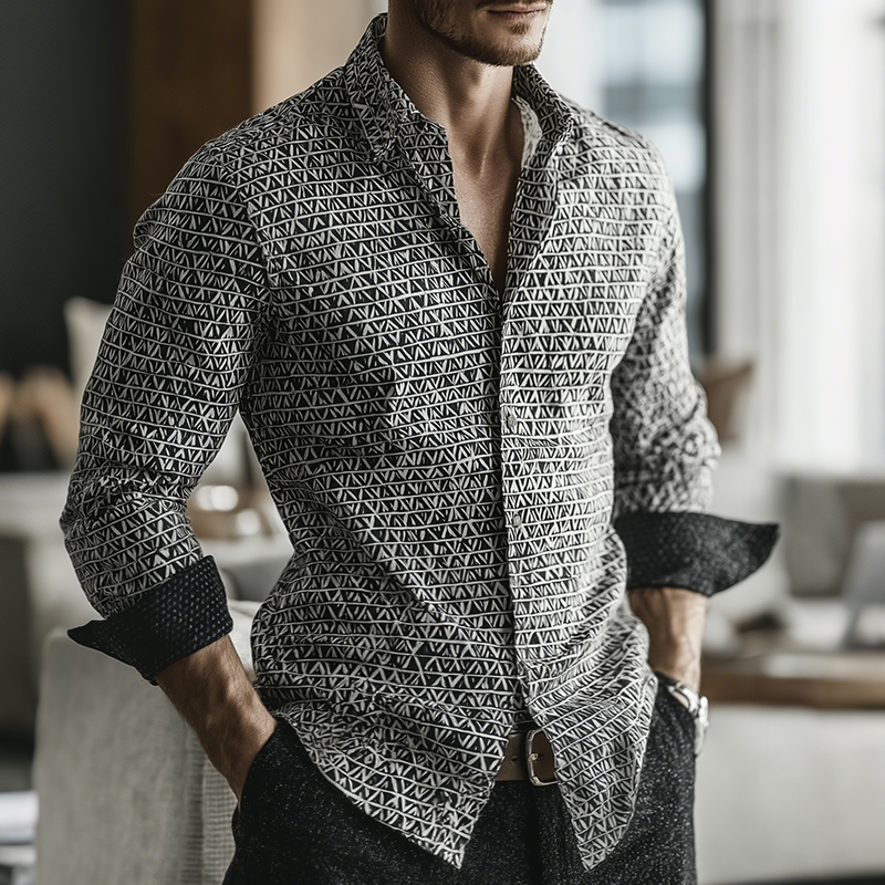 Men's Retro Casual Geometric Cycle Print Lapel Long Sleeve Shirt MTA2830G8TO