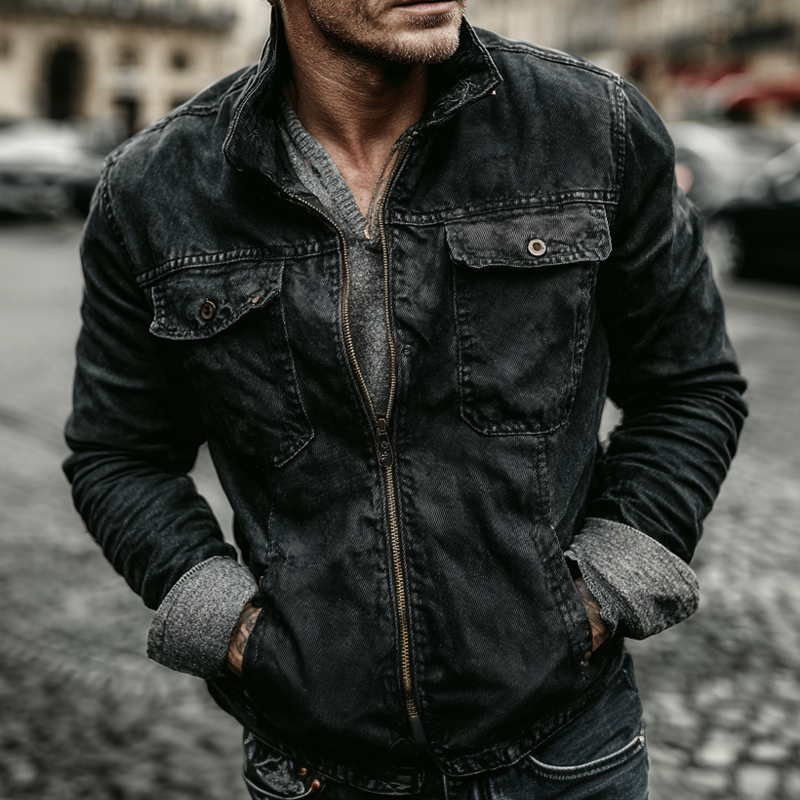 Men's Vintage Washed Lapel Zip-up Denim Jacket MTA1660I2X