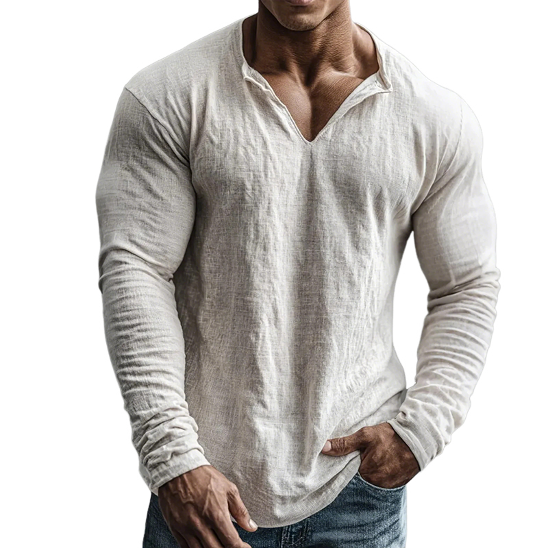 Men's Retro Casual Cotton Linen V-Neck Long-Sleeve Shirt MTZ1901A5TO