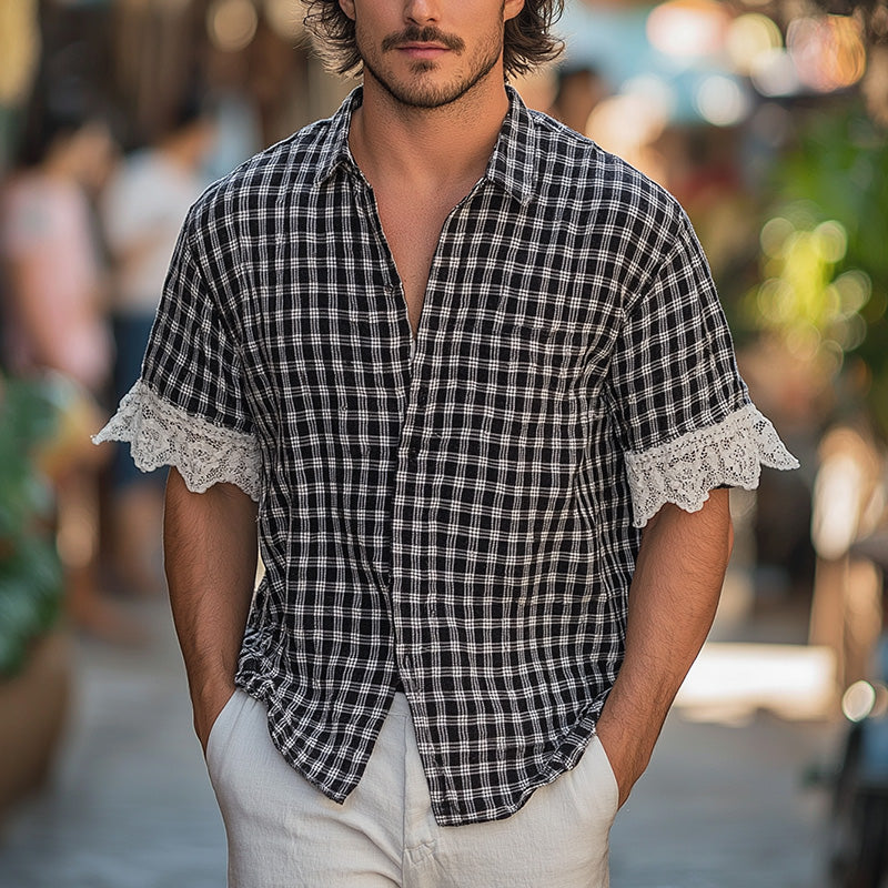 Men's Summer Fashion Lace Patchwork Plaid Short Sleeve Shirt MTA2888E3P