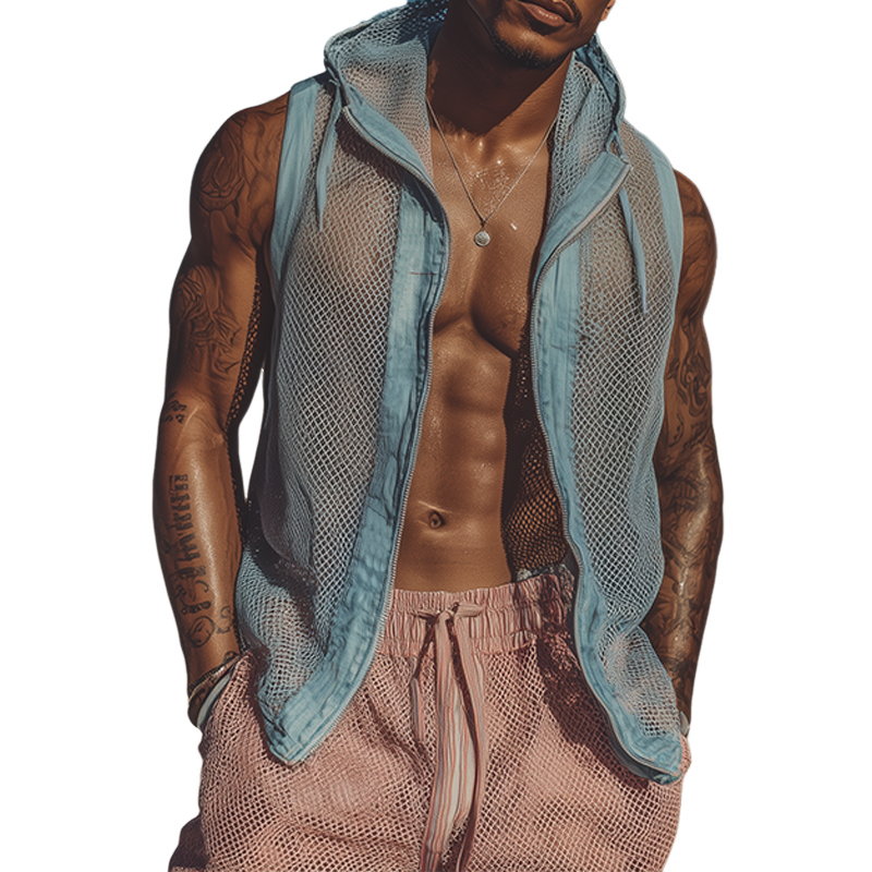 Men's Spring And Summer Fashion Casual Mesh Fabric Splicing Cotton And Linen Slightly Transparent Sexy Hooded Sleeveless Shirt MTA2057F1K