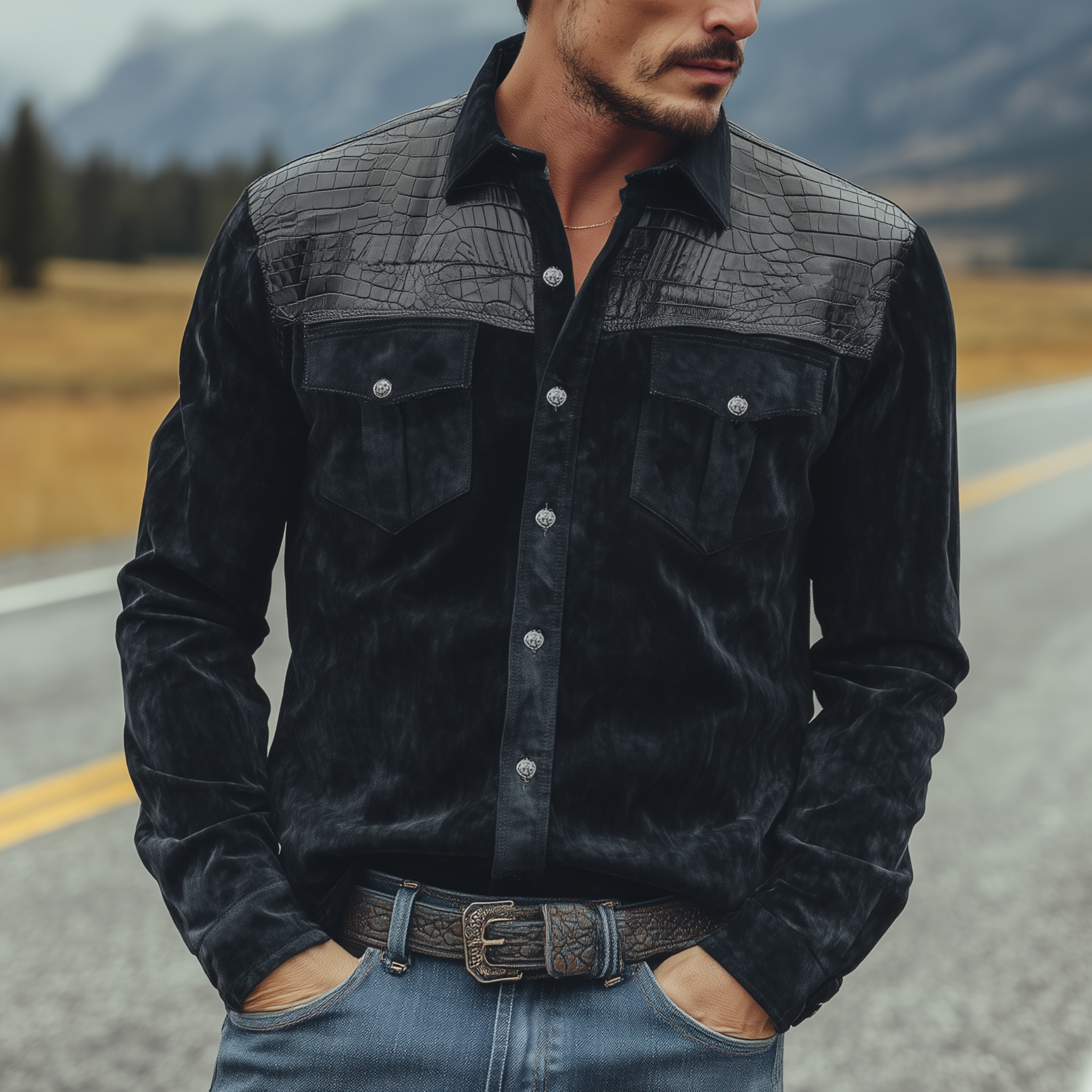 Men's Classic Retro Western Cowboy Style Suede And Textured Leather Long-sleeved Shirt MTA0775H8K