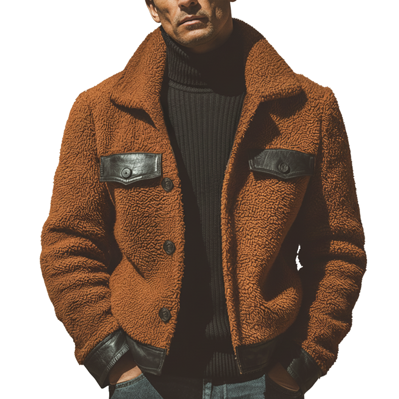 Men's Urban Style Orange Lambskin And PU Leather Patchwork Jacket MTA2049K5U