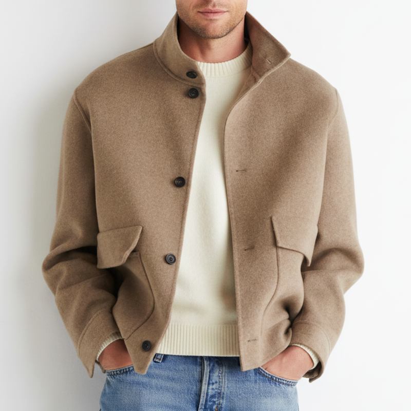 Men's Classic Business Khaki Stand-up Collar Faux Wool Jacket MTA1629L1U