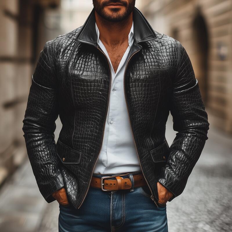 Men's Fashion Vintage Crocodile Pattern PU Lapel Zipper Placket Slim Fit Jacket MTA2197H1M