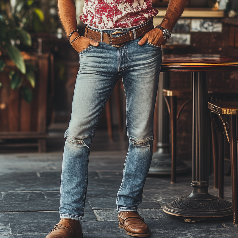 Men's Western Cowboy Style Vintage Ripped Distressed Slim Fit Jeans MTA1227F4U