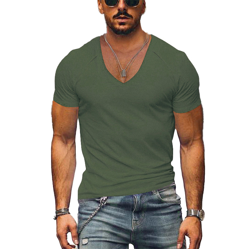 T-shirt uni à col en V et motif gaufré pour homme 42598906X