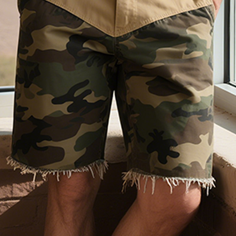 Men's Spring And Summer New American Western Style Cotton Blended Washed Stitching Camouflage Casual Shorts MTA1713F4K