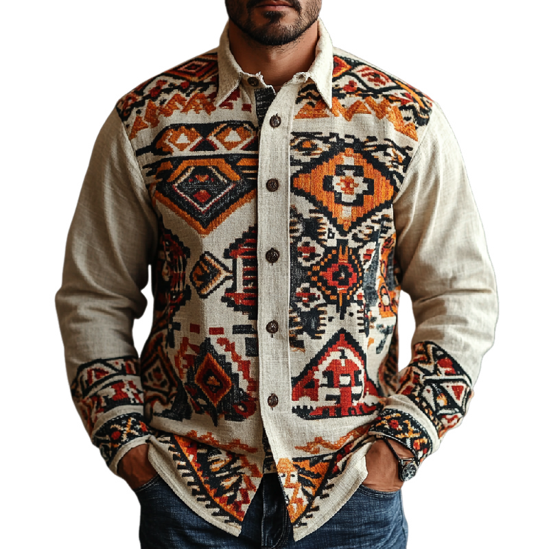 Men's Vintage Cotton and Linen Printed Lapel Long Sleeve Shirt 30035582F