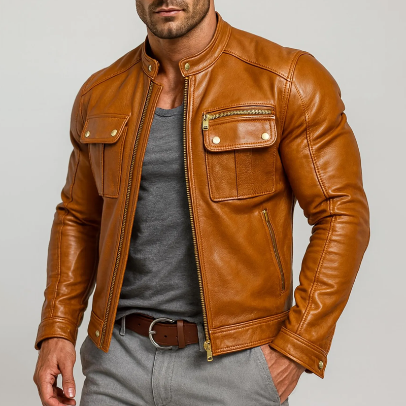 Men's Faux Leather Stand Collar Zipper Biker Jacket MTA1282I4Z