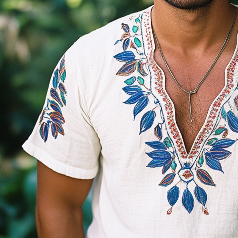 Men's Retro Blue Leaf Embroidery V-Neck Short Sleeve T-Shirt MTA1083E6U