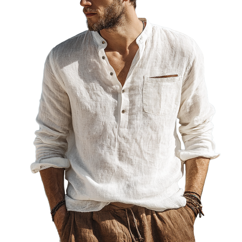Men's Solid Color Cotton And Linen Henley Collar Long Sleeve Shirt MTA1026G7Z