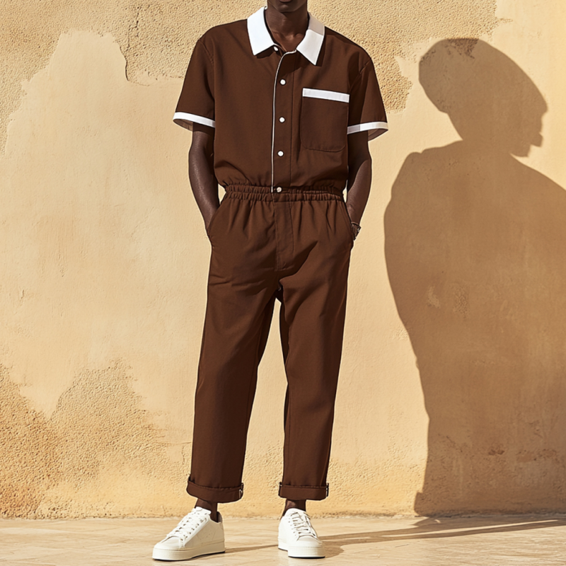 Men's Casual Cotton Blend Colorblock Lapel Patch Pocket Short Sleeve Shirt Pants Slim Jumpsuit MTA2694E2M