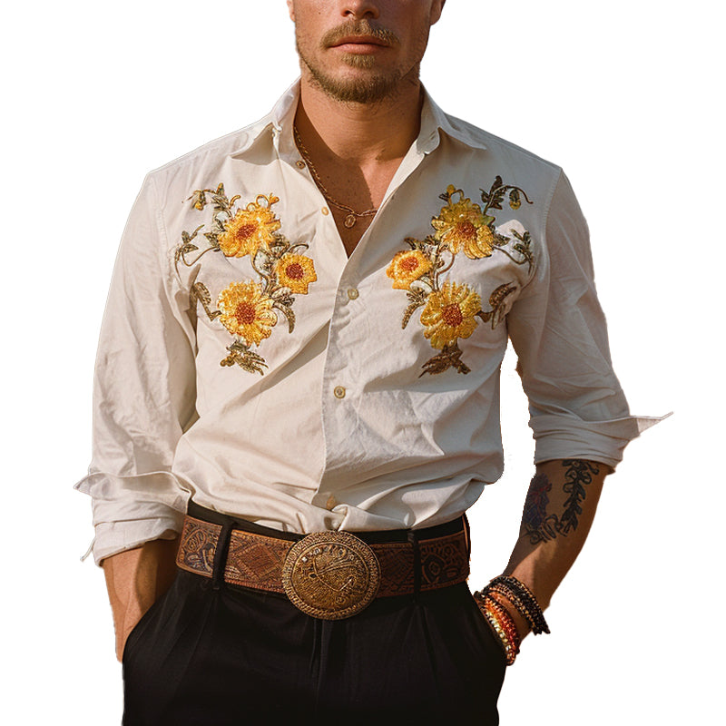 Men's Casual Floral Embroidery Print Long Sleeve Shirt 63692536X