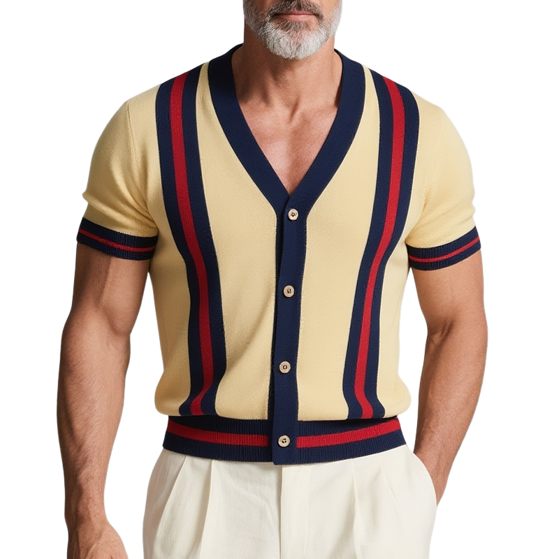 Men's Striped V Neck Short Sleeve Knit Cardigan MTA2823G8Z