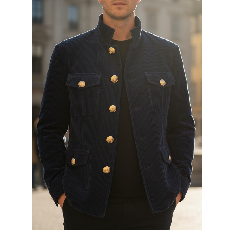 Men's Classic Stand Collar Navy Corduroy Button-Down Jacket MTA1597I5U