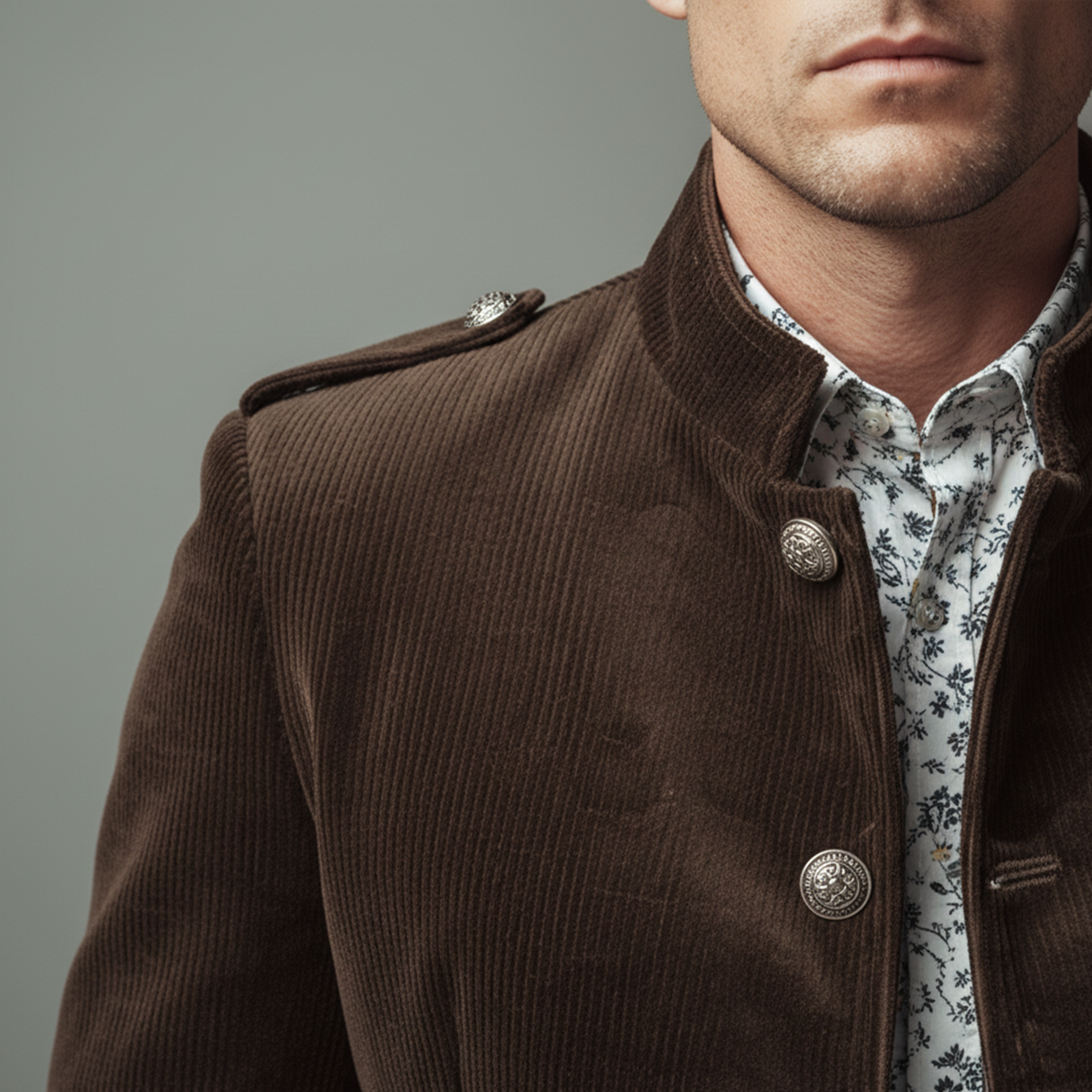 Men's Classic Casual Stand-up Collar Epaulette And Sleeve Tab Corduroy Jacket MTA2281I0K
