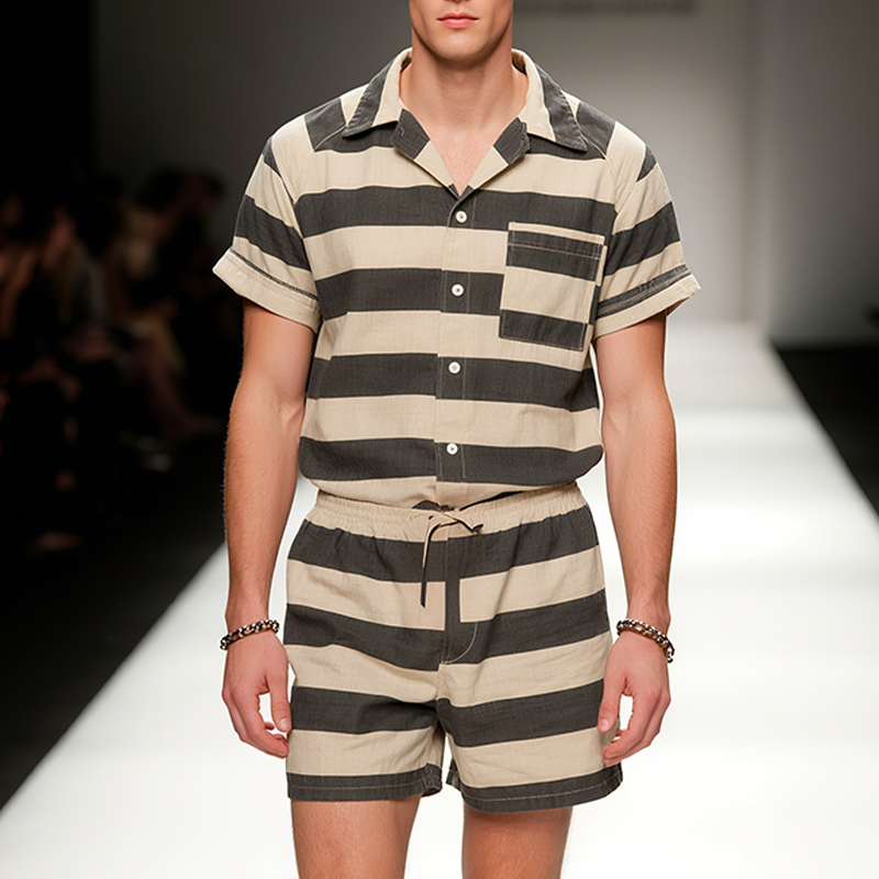 Men's Retro Casual Iron Window Trend Free Lapel Shirt Shorts Two-piece Set MTA2369F9TO