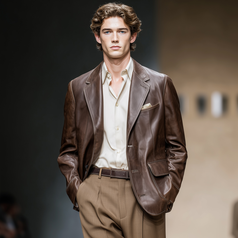 Men's Vintage Faux Leather Notched Lapel Single-Breasted Loose Fit Blazer MTA2986G5M