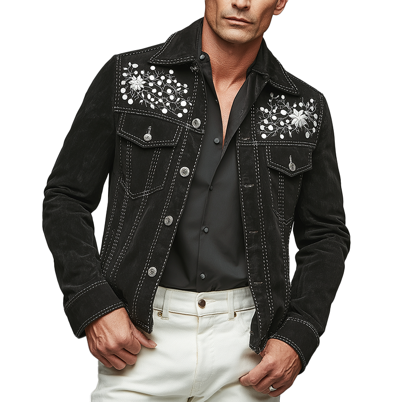 Men's Simple Floral Embroidered Faux Suede Jacket MTA2798H2P