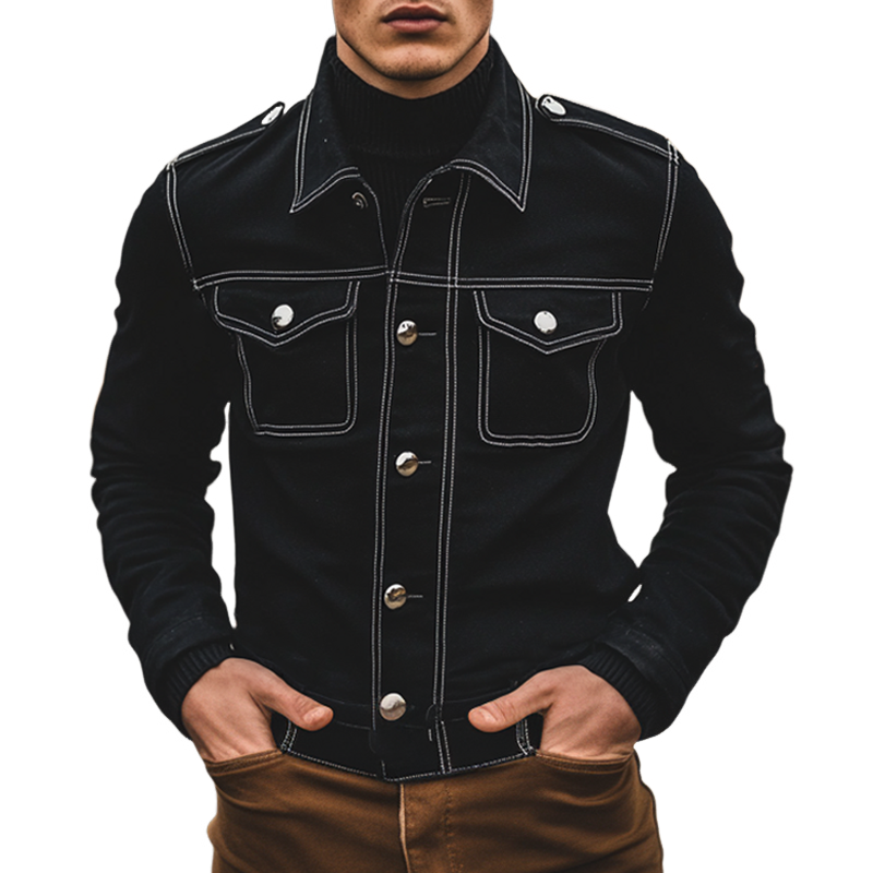 Men's Lapel Washed Solid Color Denim Jacket MTA2312I4X