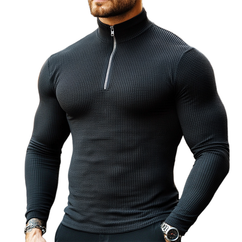 Men's Retro Casual Solid Color Waffle Zipper Stand Collar Long Sleeve T-Shirt 22448469TO