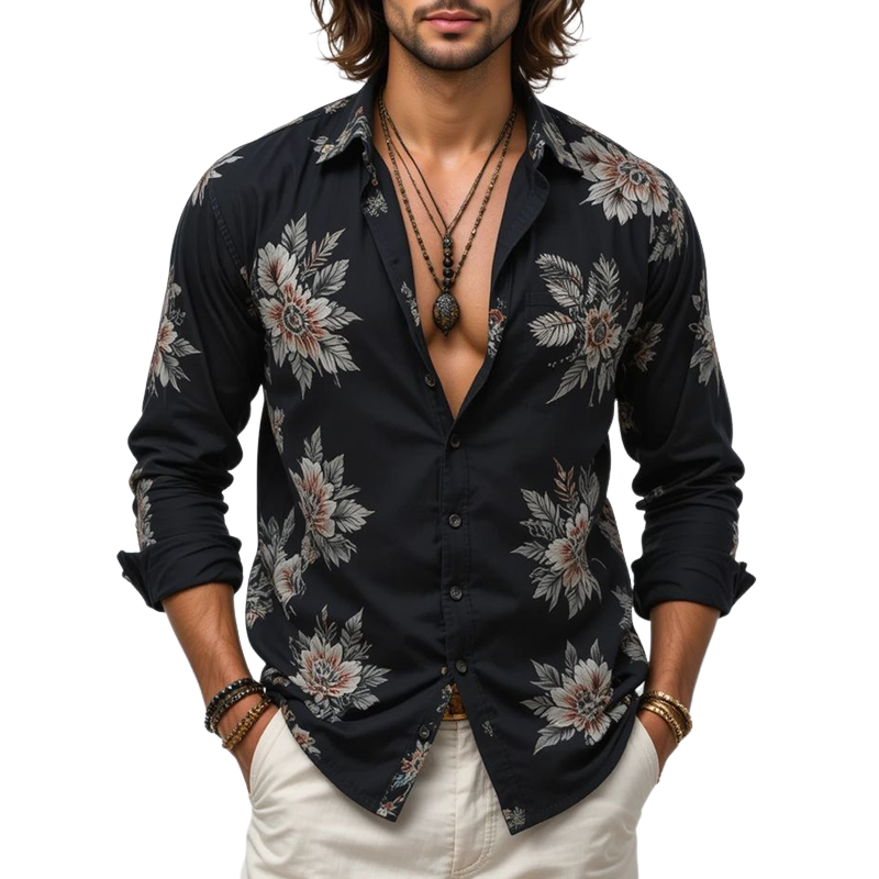 Men's Floral Lapel Long Sleeve Shirt MTA3047G7Z