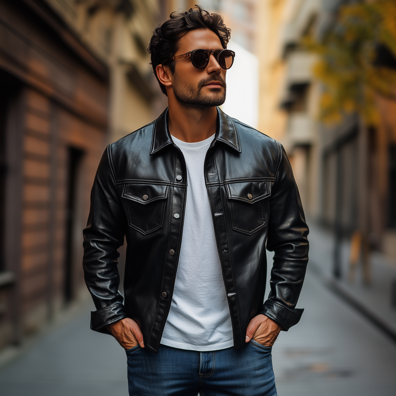 Men's Vintage Solid Color PU Lapel Flap Chest Pocket Loose Long Sleeve Shirt Jacket MTA1893H9M