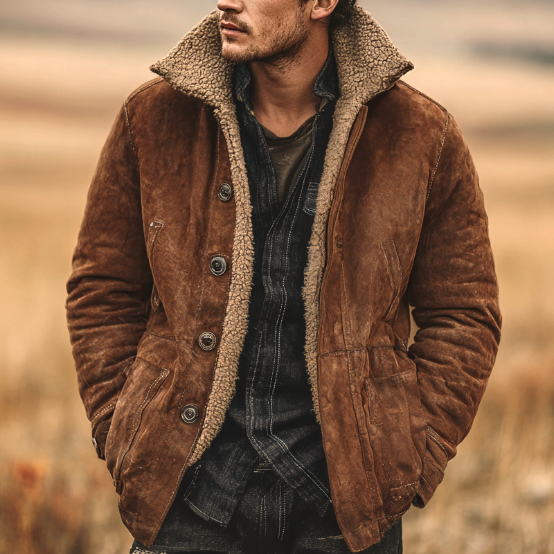 Men's Retro Fleece Lapel Faux Suede Single Breasted Jacket MTA1346I6Z